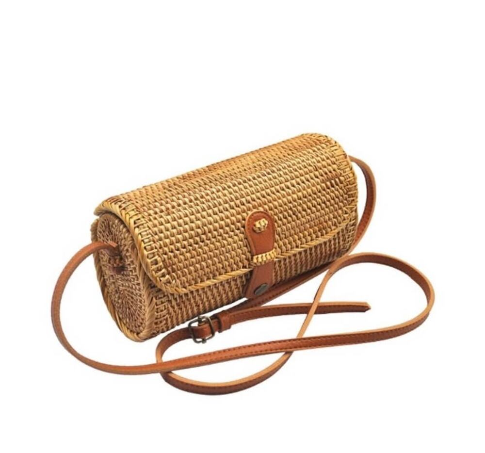 Vintage Bali Rattan and Leather Envelope Crossbody Bag